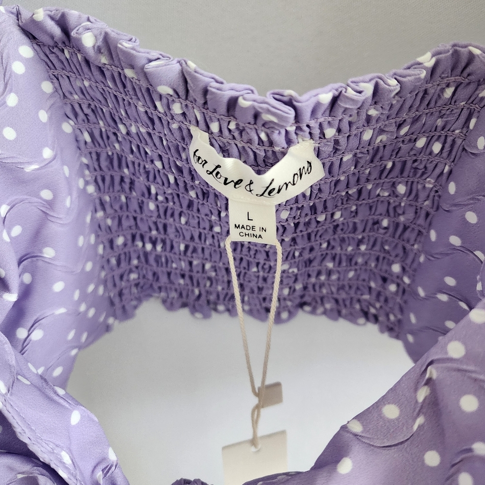 For Love And Lemons Purple White Polka Dot Chelsea Crop Top Size Large NWT - Picture 5 of 8